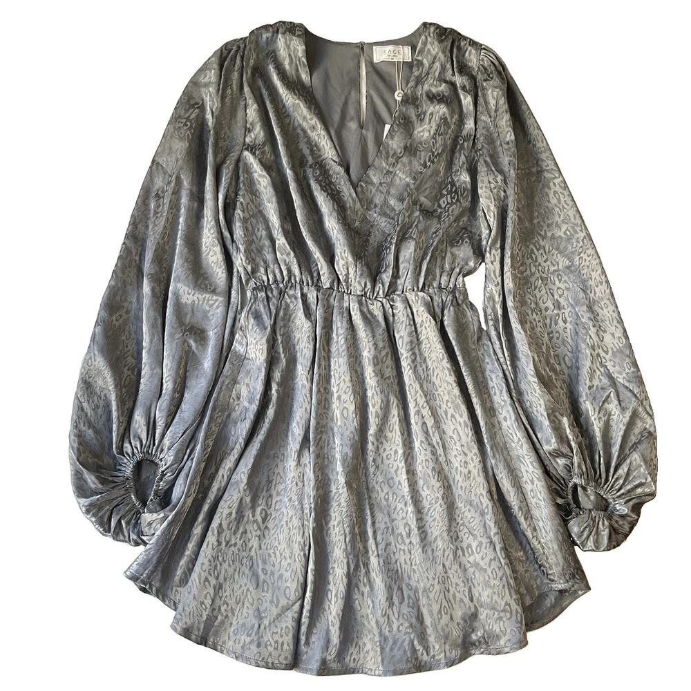Sage The Label Women Dress XS Gray Animal Print Button V-Neck Long Sleeve Lined
